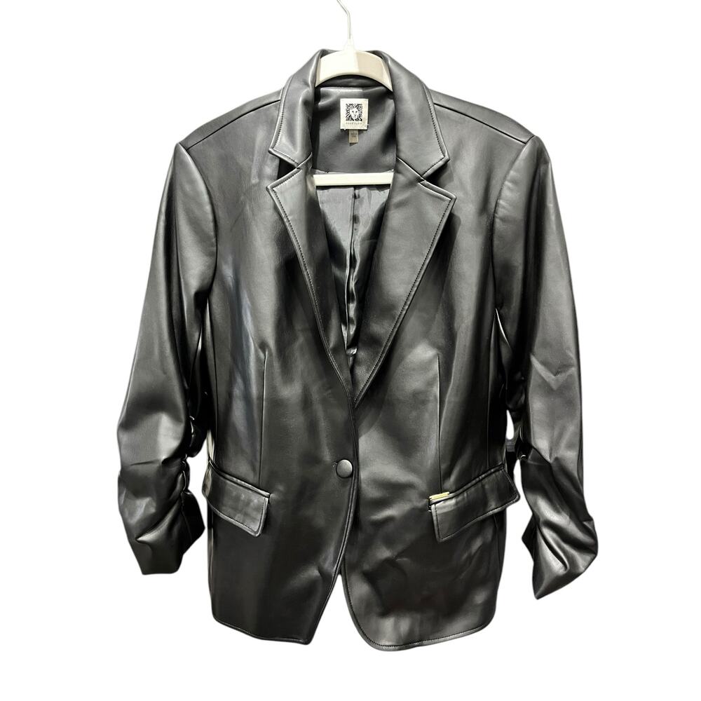 Anne Klein Women's Ruched Sleeve Black Pleather Jacket SIZE Large